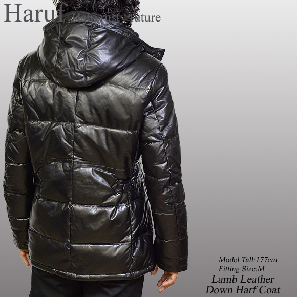 Haruf Leather　ラムレザーダウンハーフコート　ブラック　Lサイズ肩幅48cm